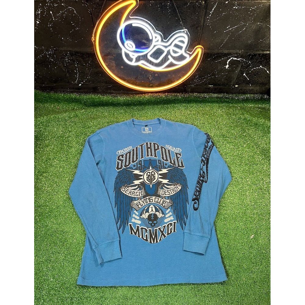 Y2K SouthPole Blue Thermal Waffle Knit‎ T Shirt Men's XLarge Emo Grunge Skater